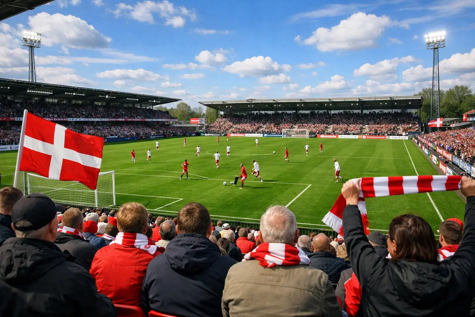 Dansk Superliga kamp på stadion med fans og spillere i aktion