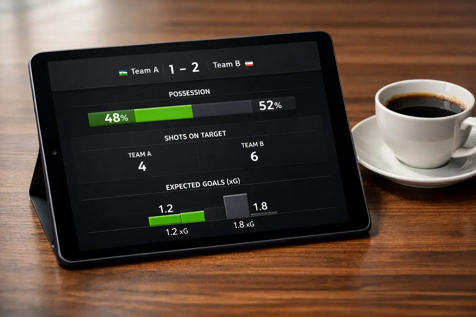 Flashscore app interface med detaljeret kampstatistik og xG-data