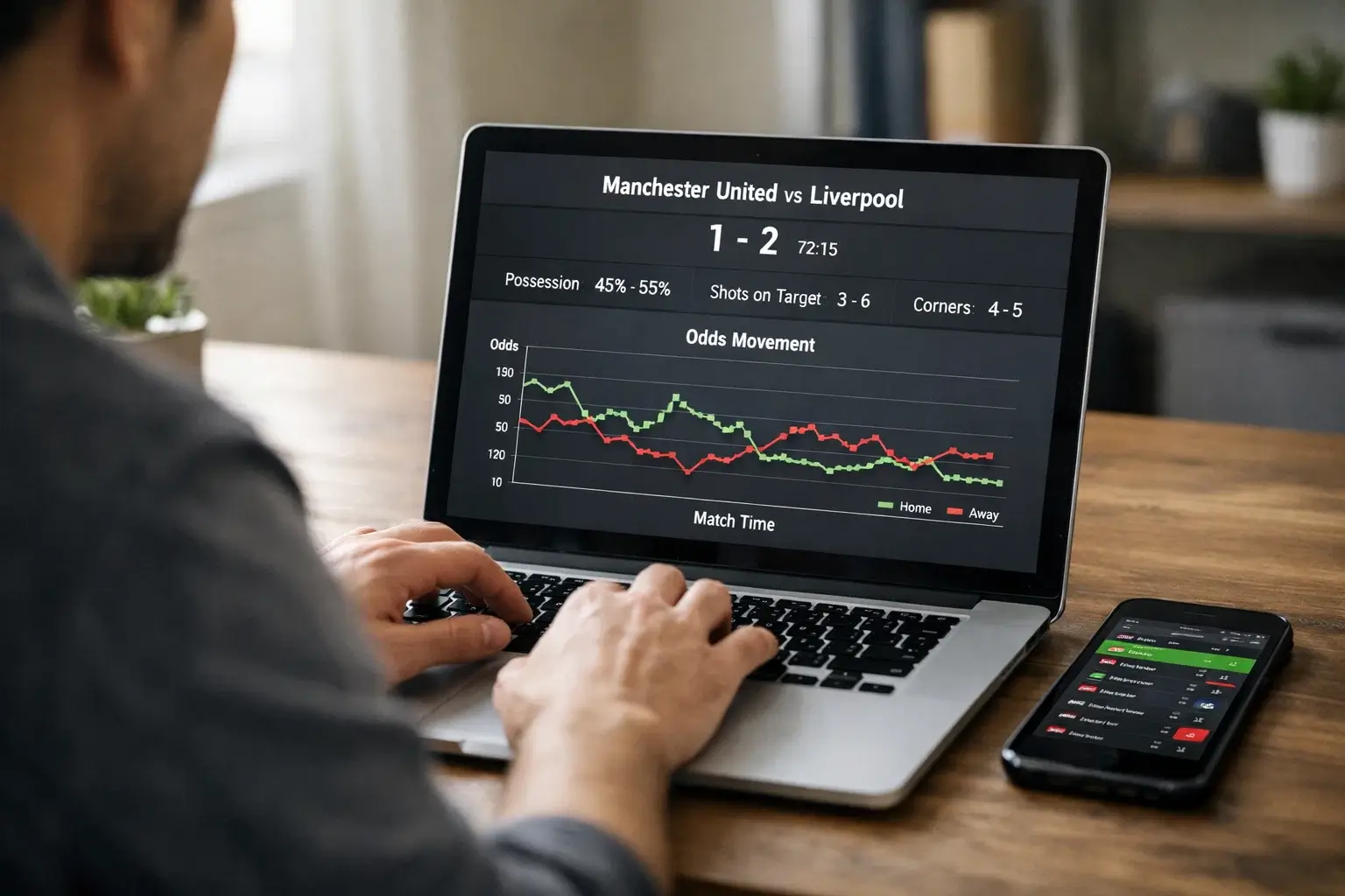 Person der analyserer live betting data på laptop med flere skærme